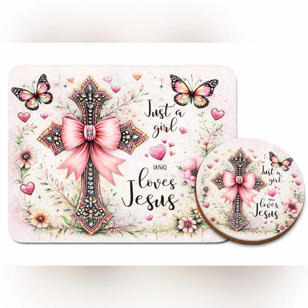 Just a Girl Who Loves Jesus Hand Crafted Mouse Pad and Coasters Set - NWT
